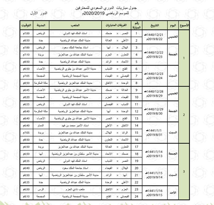 جدول مواعيد مباريات الدوري السعودي للمحترفين الموسم الجديد 2019
